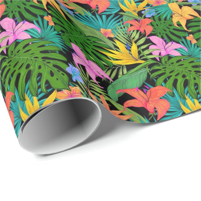 Papier Cadeau Motif de feuilles florales tropicales hawaïennes (Coin rond)