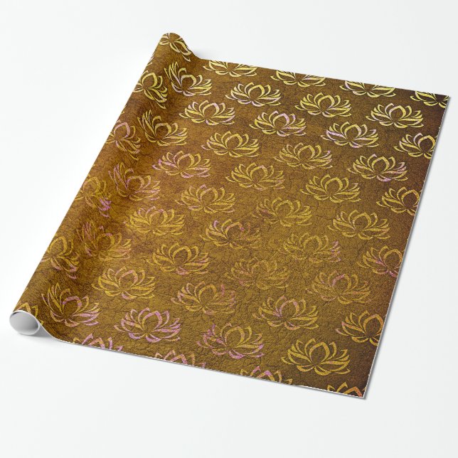 Papier Cadeau Motif de fleur antique de Lotus d'or (Déroulé)