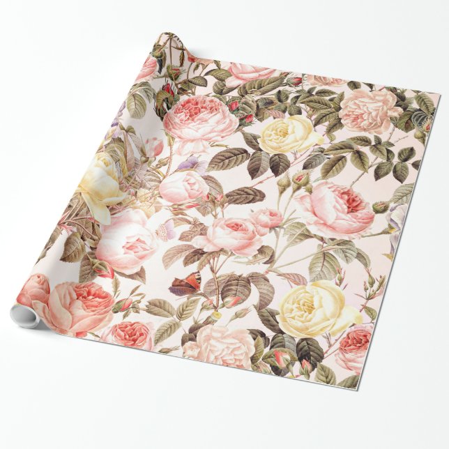 Papier Cadeau Motif de fleur rose de cru rose romantique (Déroulé)