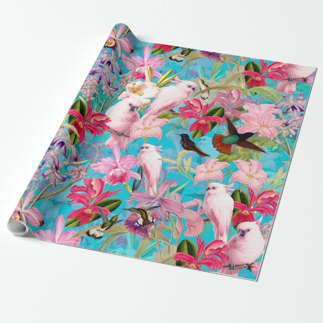Papier Cadeau Motif de fleur tropical rose d'oiseau et (Déroulé)