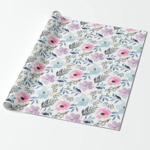 Papier Cadeau Motif de fleurs aquarelles bleues pastel d'été 