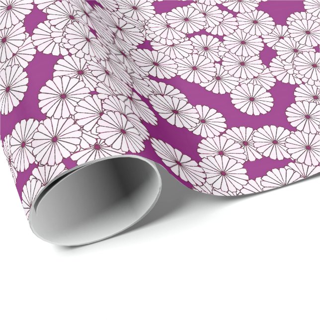 Papier Cadeau Motif de fleurs Art Déco - blanc sur violet (Coin rond)