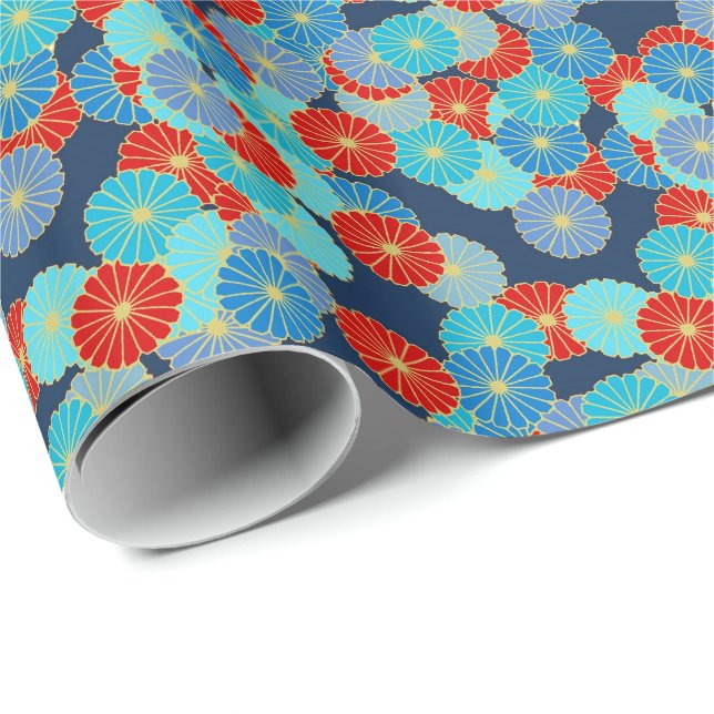 Papier Cadeau Motif de fleurs Art Déco - bleu, turquoise et roug (Coin rond)