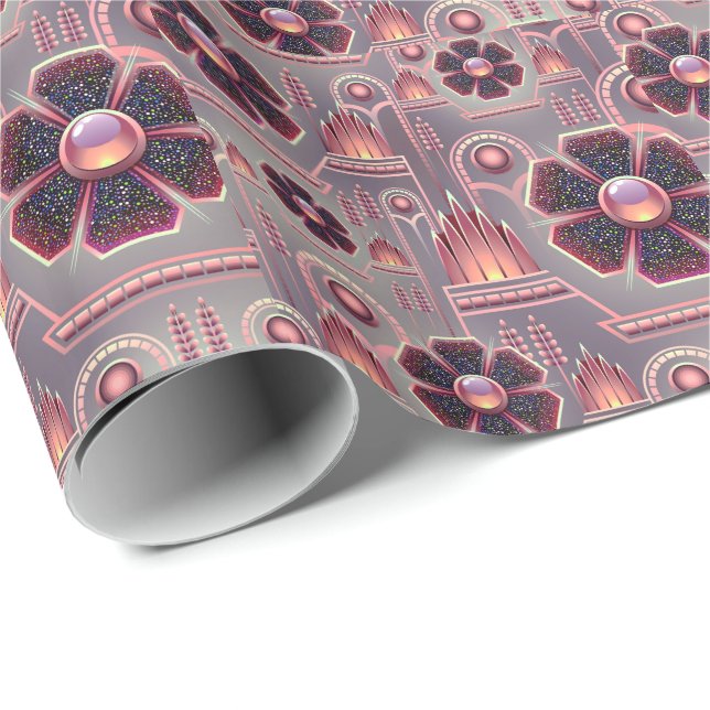 Papier Cadeau Motif de fleurs Art déco géométrique violet (Coin rond)