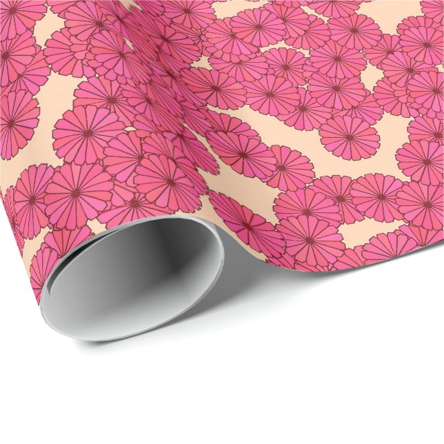 Papier Cadeau Motif de fleurs Art Déco - rose profond et pêche (Coin rond)