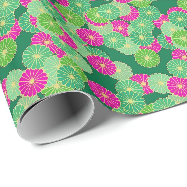 Papier Cadeau Motif de fleurs Art Déco - tons verts, fuchsia (Coin rond)