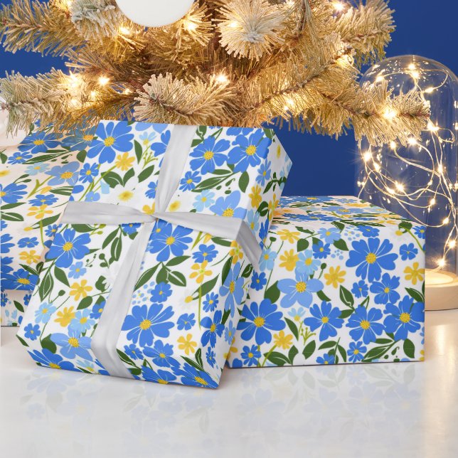Papier Cadeau Motif de fleurs bleu et jaune mignonne printemps (Vacances)