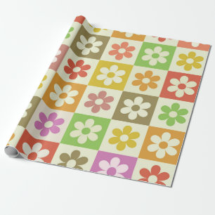 Papier Cadeau Motif de fleurs colorées rétro à carreaux 