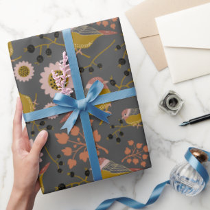Papier Cadeau Motif de fleurs de baies noires roses de poulet