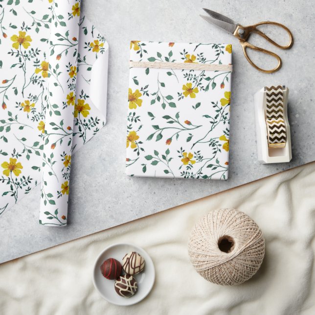 Papier Cadeau Motif de fleurs de printemps jaune très délicat (Artisanat)