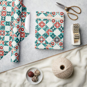 Papier Cadeau Motif de fleurs géométriques bleu rouge stylisé