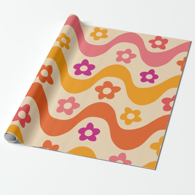 Papier Cadeau Motif de fleurs groovy mignon sur des vagues rétro (Déroulé)