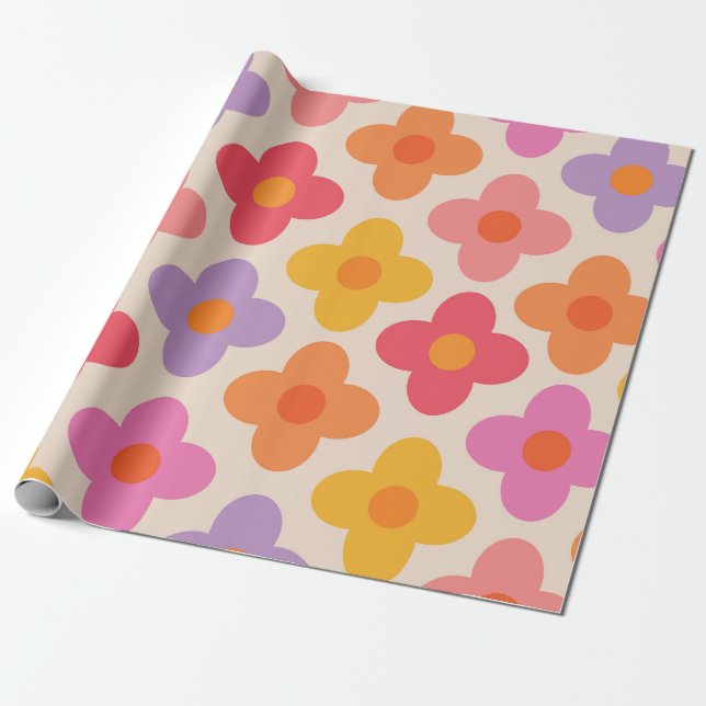 Papier Cadeau Motif de fleurs hippies colorées rétro  (Déroulé)