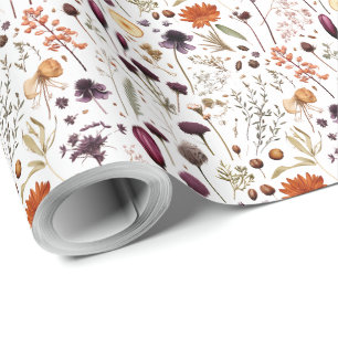Papier Cadeau Motif de fleurs pressées vintage botanique boho