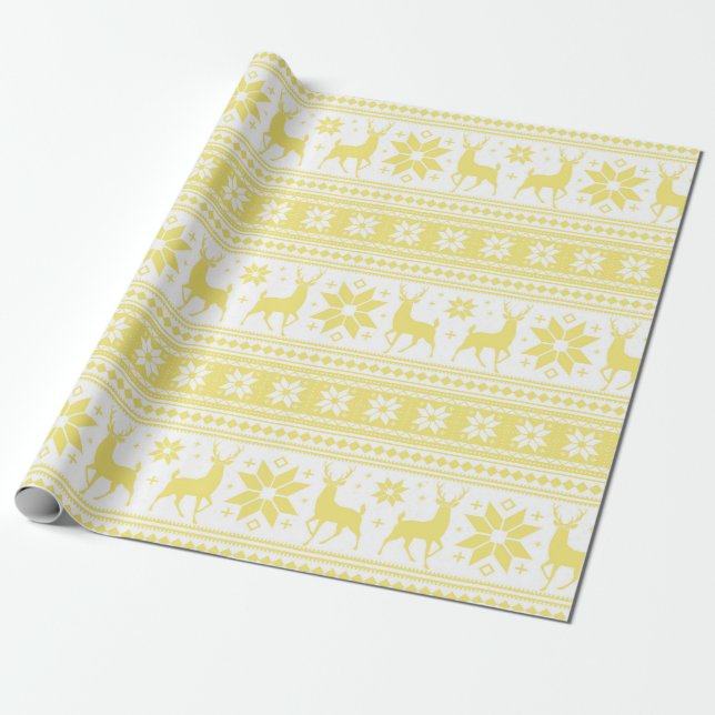 Papier Cadeau Motif de flocon de neige jaune de cerf de Noël d'h (Déroulé)