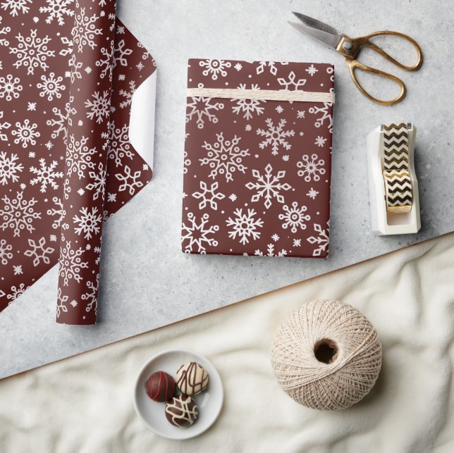 Papier Cadeau Motif de flocon de neige rouge foncé (Artisanat)