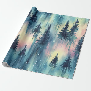 Papier Cadeau Motif de forêt sous les lumières du Nord