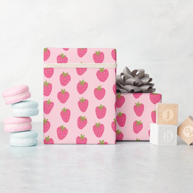 Papier Cadeau Motif de fraises roses (Baby Shower)