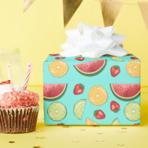 Papier Cadeau Motif de fruits colorés agrumes fraise melon