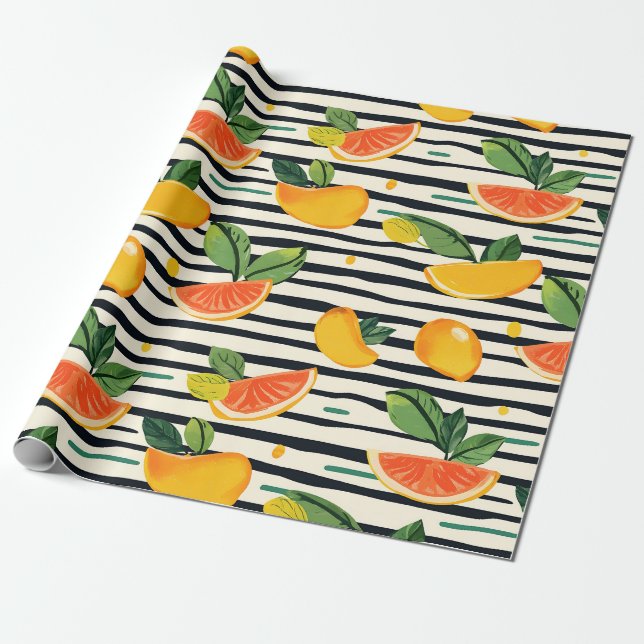 Papier Cadeau Motif de fruits d'agrumes avec Feuilles verts (6) (Déroulé)