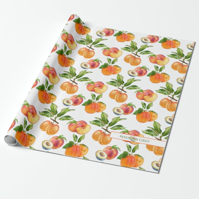 Papier Cadeau Motif de fruits mûrs, abricots et prunes (Déroulé)