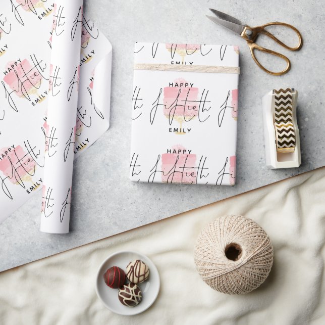 Papier Cadeau Motif de gâteau rose moderne Nom Joyeux 50e annive (Artisanat)