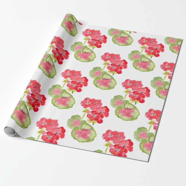 Papier Cadeau Motif de géraniums d'aquarelles rouges (Déroulé)