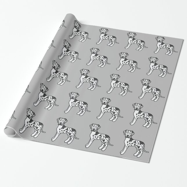 Papier Cadeau Motif de Grands Danois Harlequin sur Gris (Déroulé)