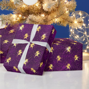 Papier Cadeau Motif de grille de licorne dorée sur fond violet f
