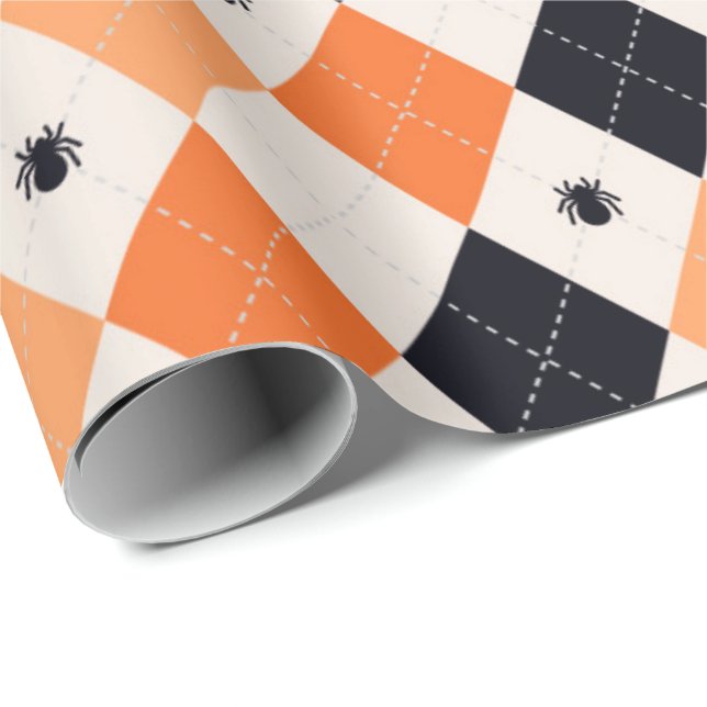 Papier Cadeau Motif de Jacquard d'Halloween Orange et Black Spid (Coin rond)
