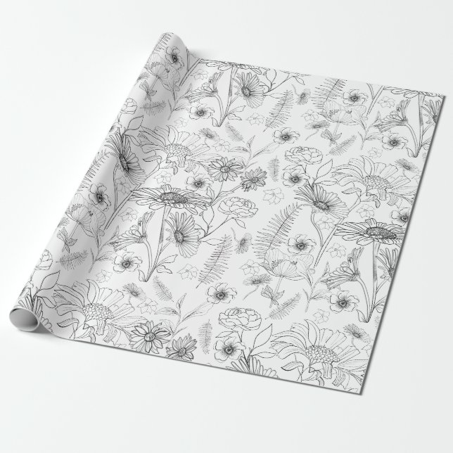 Papier Cadeau motif de jardin fleuri en marguerite noire et blan (Déroulé)