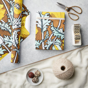 Papier Cadeau Motif de jolis pavots jaunes Art Nouveau