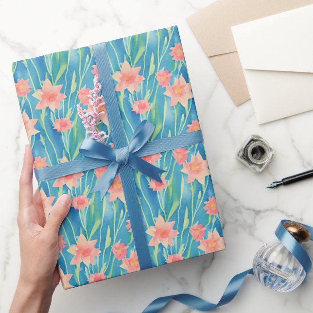 Papier Cadeau Motif de jonquilles d'aquarelle orange (Cadeaux)