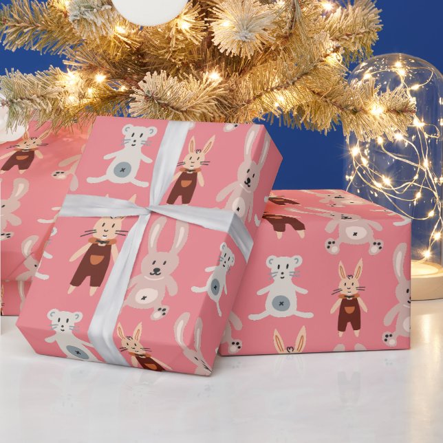 Papier Cadeau Motif de jouets pour enfants en peluche rose (Vacances)