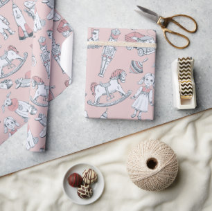 Papier Cadeau Motif de jouets vintage rose/gris ID783