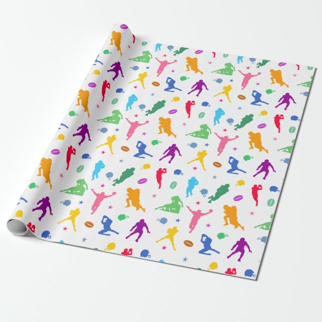 Papier Cadeau Motif De Joueurs De Football Colorés Sur Blanc (Déroulé)