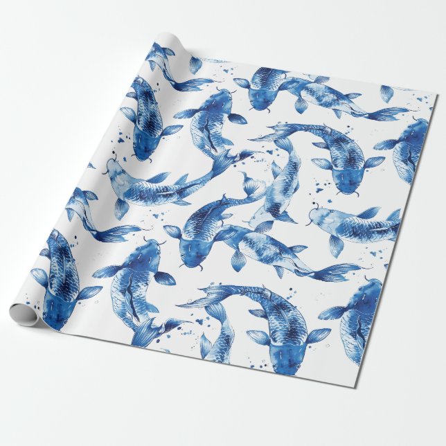 Papier Cadeau Motif de Koi indigo shibori (Déroulé)