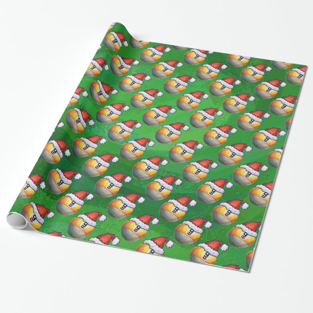 Papier Cadeau Motif de la boule Santa Hat Nine sur Vert (Déroulé)