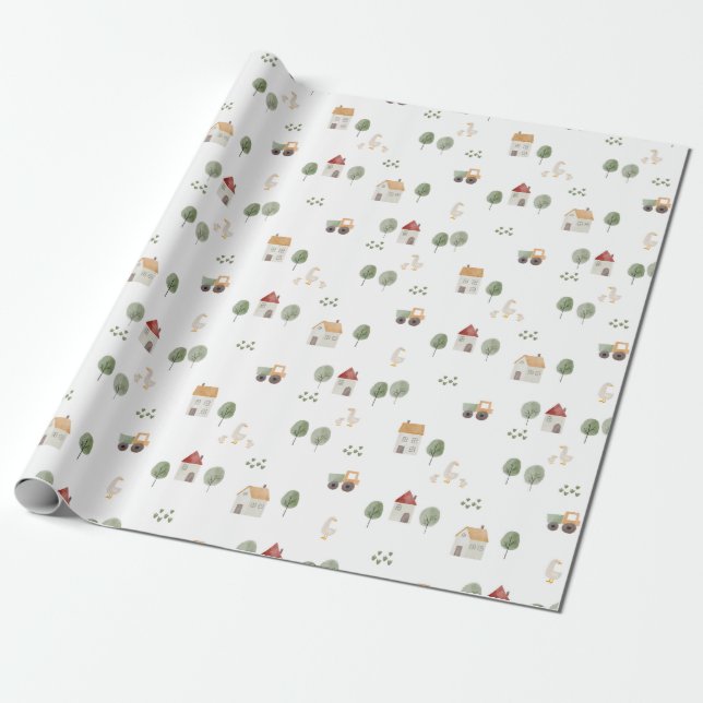 Papier Cadeau Motif de la ferme d'aquarelle (Déroulé)
