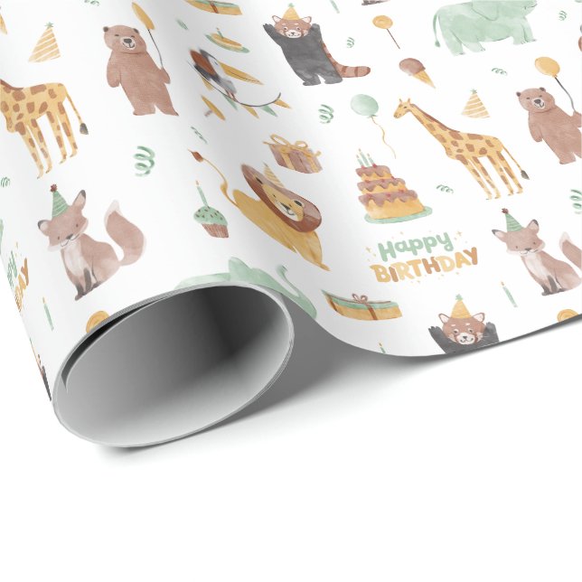 Papier Cadeau Motif de la fête d'anniversaire de l'animal mou (Coin rond)