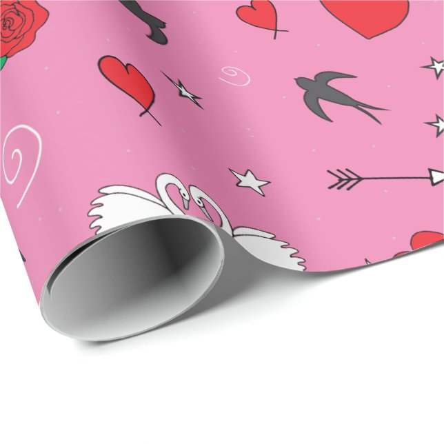 Papier Cadeau Motif de la fête des Valentines rétro sur rose (Coin rond)