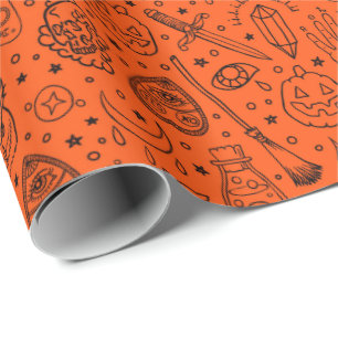 Papier Cadeau Motif de la fête d'Halloween Orange Doodle