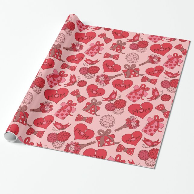 Papier Cadeau Motif de la Journée des mères rouges et roses (Déroulé)