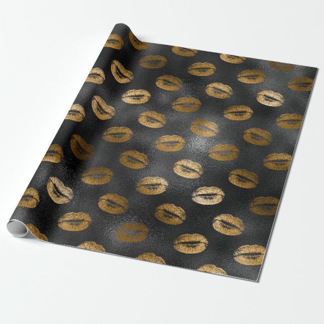 Papier Cadeau Motif de lèvres Glam Noir et Or (Déroulé)