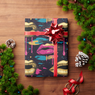 Papier Cadeau Motif de lèvres pop art gras avec gouttes vibrante