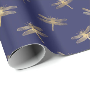 Papier Cadeau Motif de libellules d'or bleu marine moderne