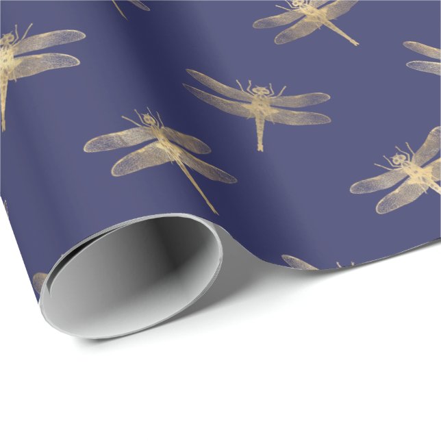 Papier Cadeau Motif de libellules d'or bleu marine moderne (Coin rond)