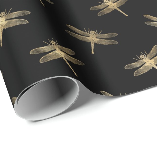 Papier Cadeau Motif de libellules d'or noir moderne (Coin rond)