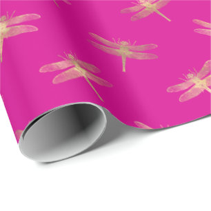 Papier Cadeau Motif de libellules d'or rose chaud moderne 