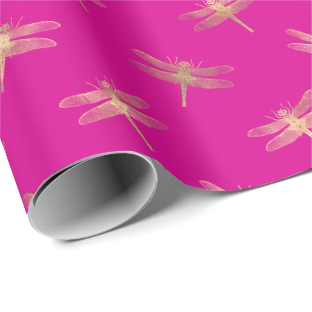 Papier Cadeau Motif de libellules d'or rose chaud moderne  (Coin rond)